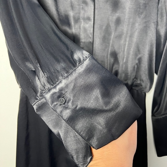 MANGO Black Satin Button Down Shirt Dress Flared Sleeves - Picture 5 of 8